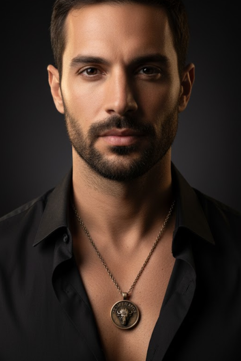 A man with a beard wearing a black shirt and a necklace with a pendant is shown in a close-up portrait against a dark background.