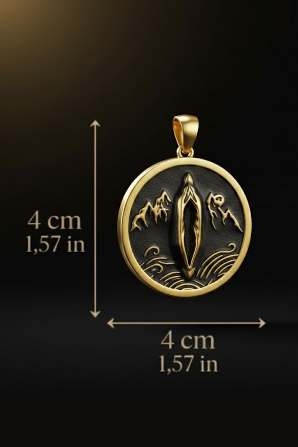 A gold-colored pendant with a detailed design, including mountains and waves, is shown against a black background.