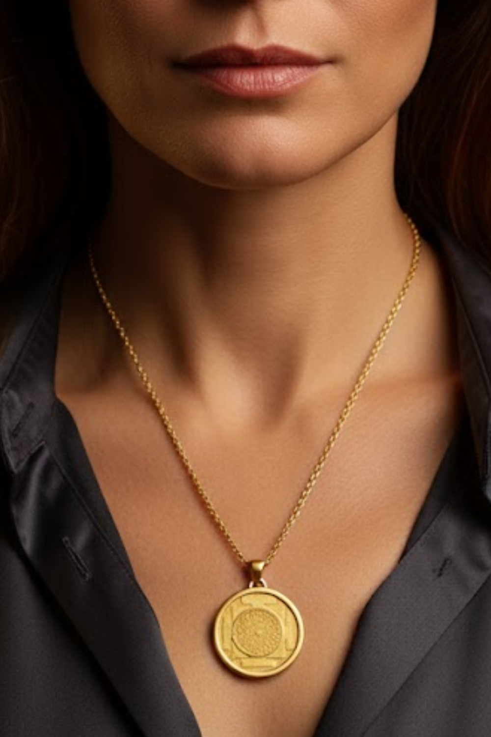 A close-up of a woman's neck and chest area, with a gold necklace featuring a large pendant.