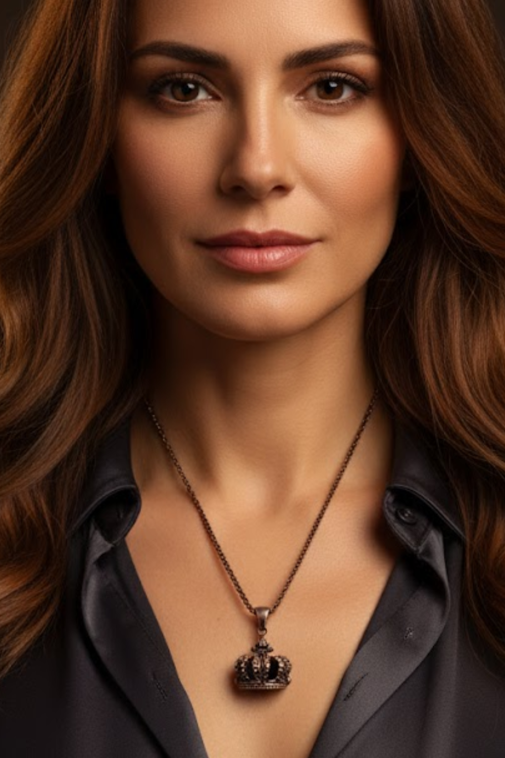A close-up portrait of a woman with long brown hair, wearing a necklace with a crown pendant.