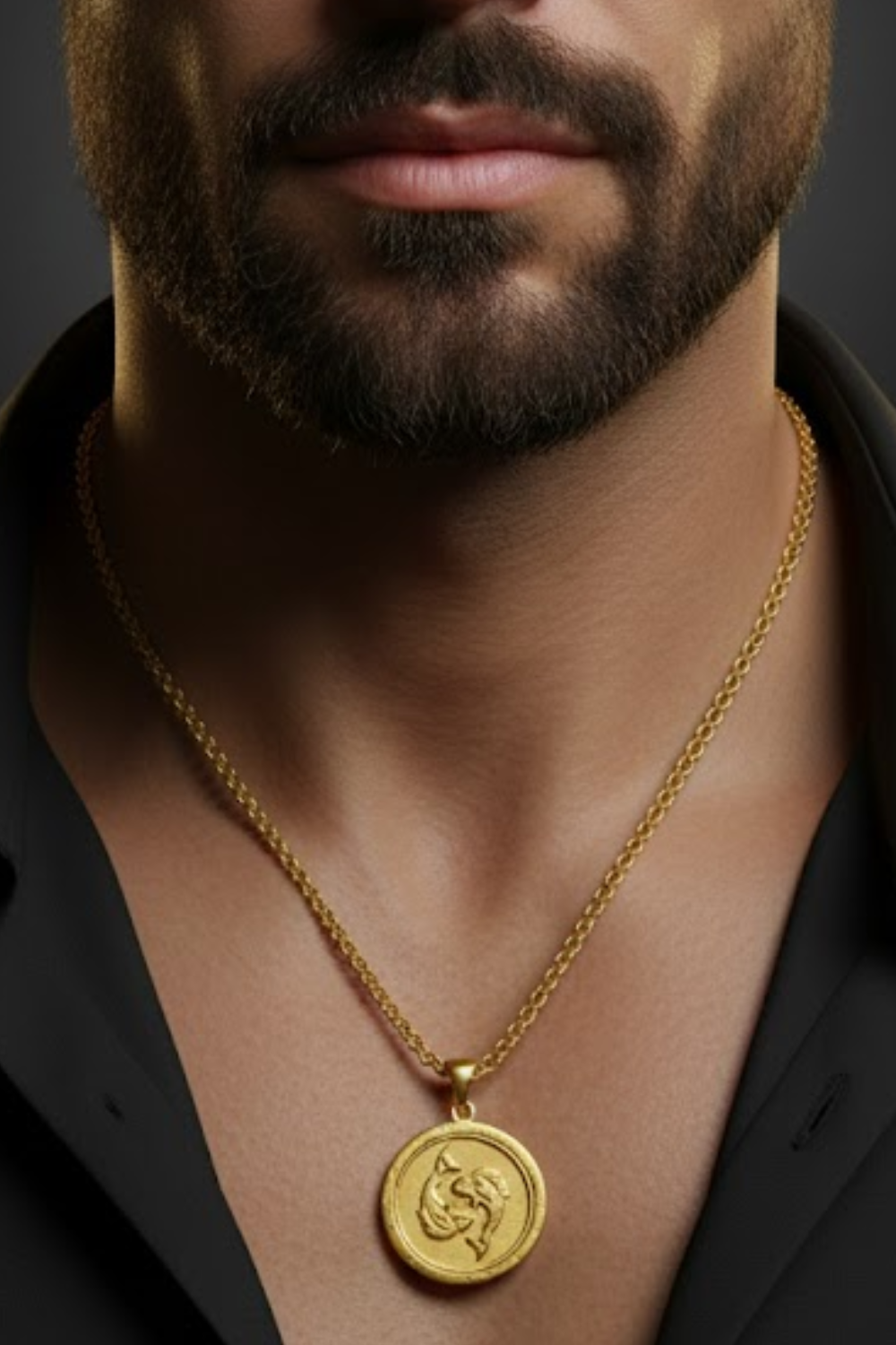 A close-up of a man's neck and chest area, with a gold-colored pendant necklace featuring a circular medallion with an intricate design.