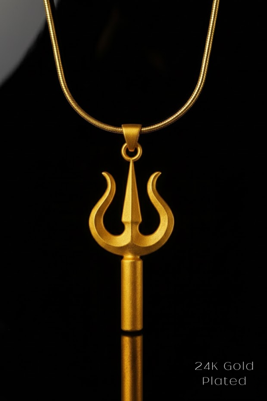 A gold-plated pendant necklace with a trident-shaped pendant against a black background.