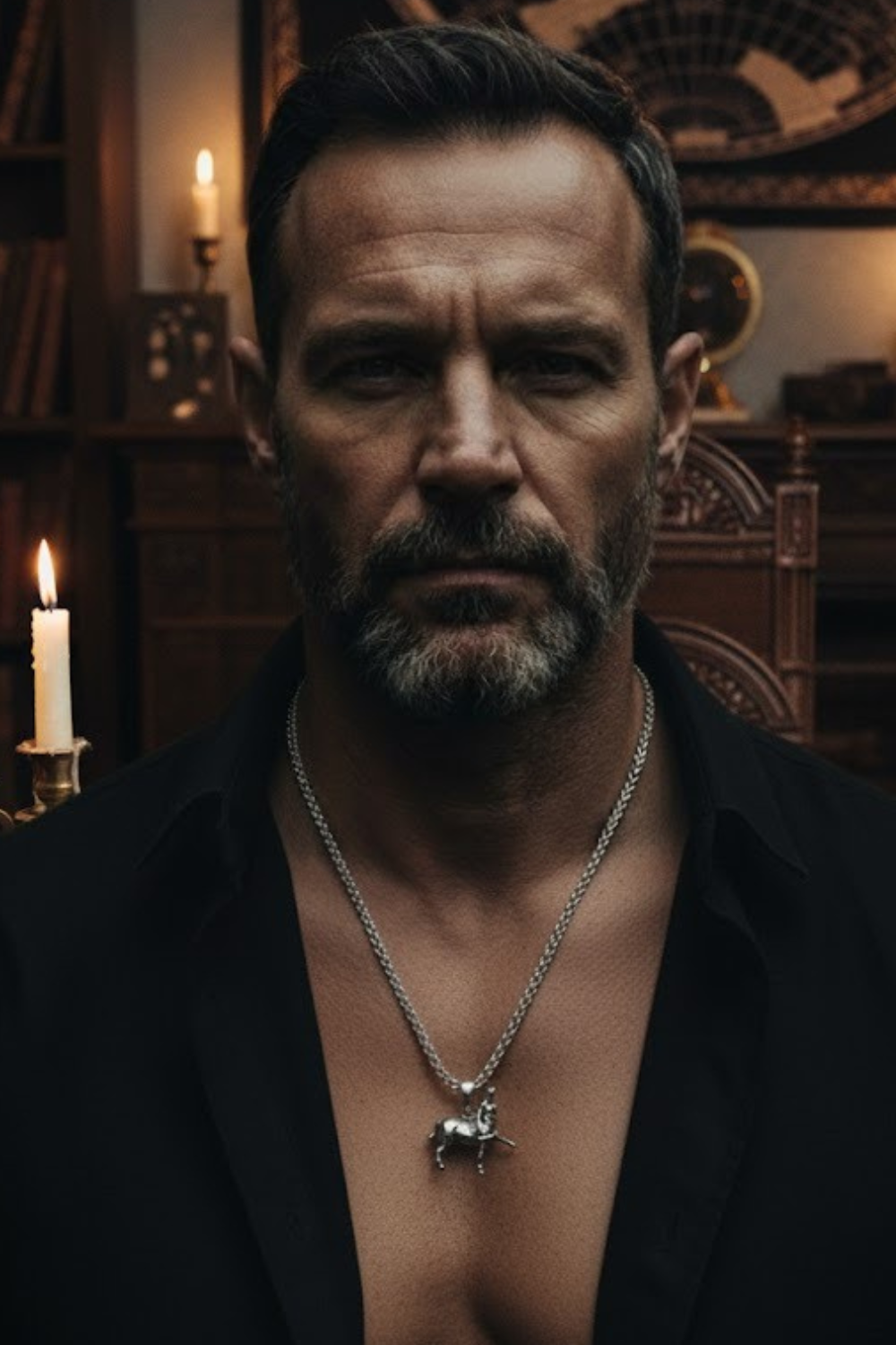 A man with a beard wearing a black jacket and a silver necklace with a pendant is shown in a dimly lit room with a lit candle in the background.