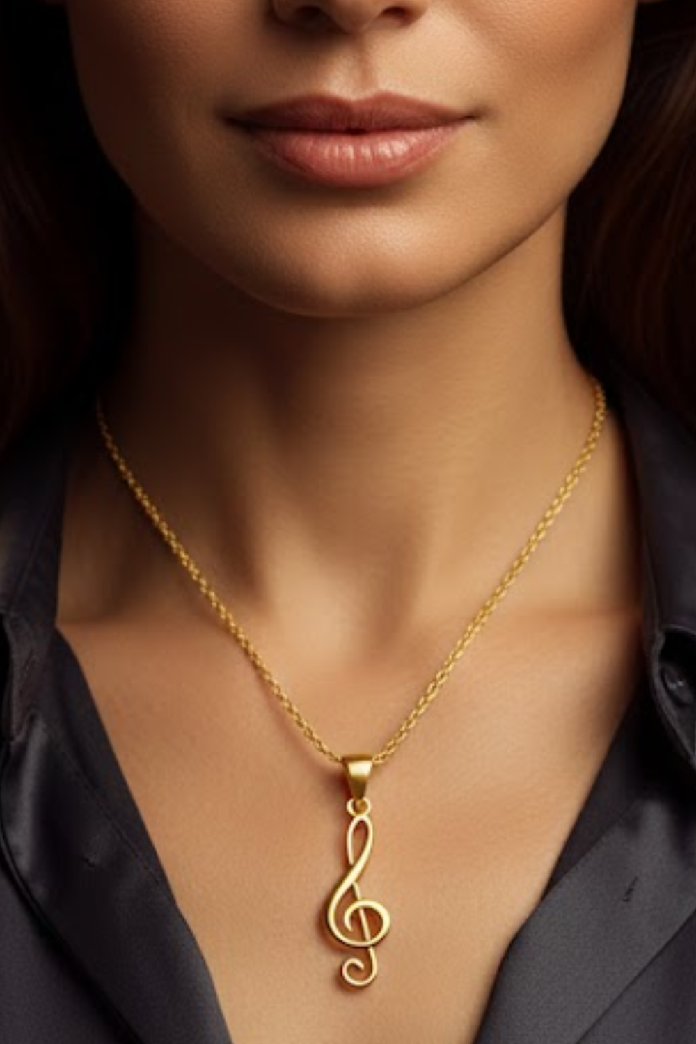 A close-up of a woman's neck and chest area, with a gold-colored pendant necklace featuring a treble clef symbol.