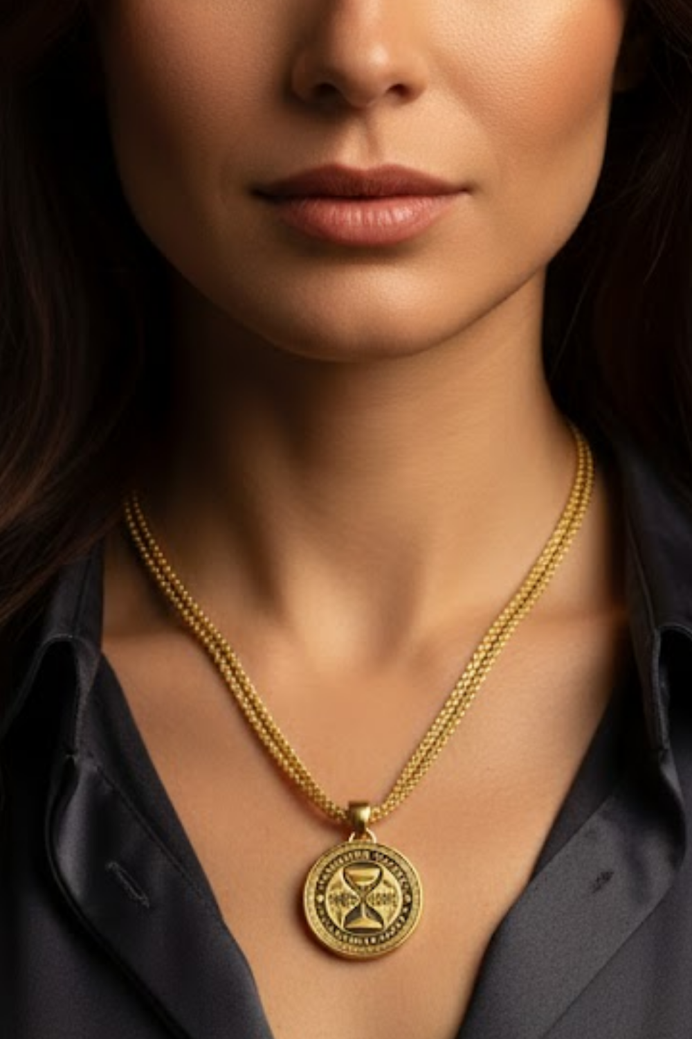 A close-up of a woman's neck and chest area, with a gold necklace featuring a pendant.