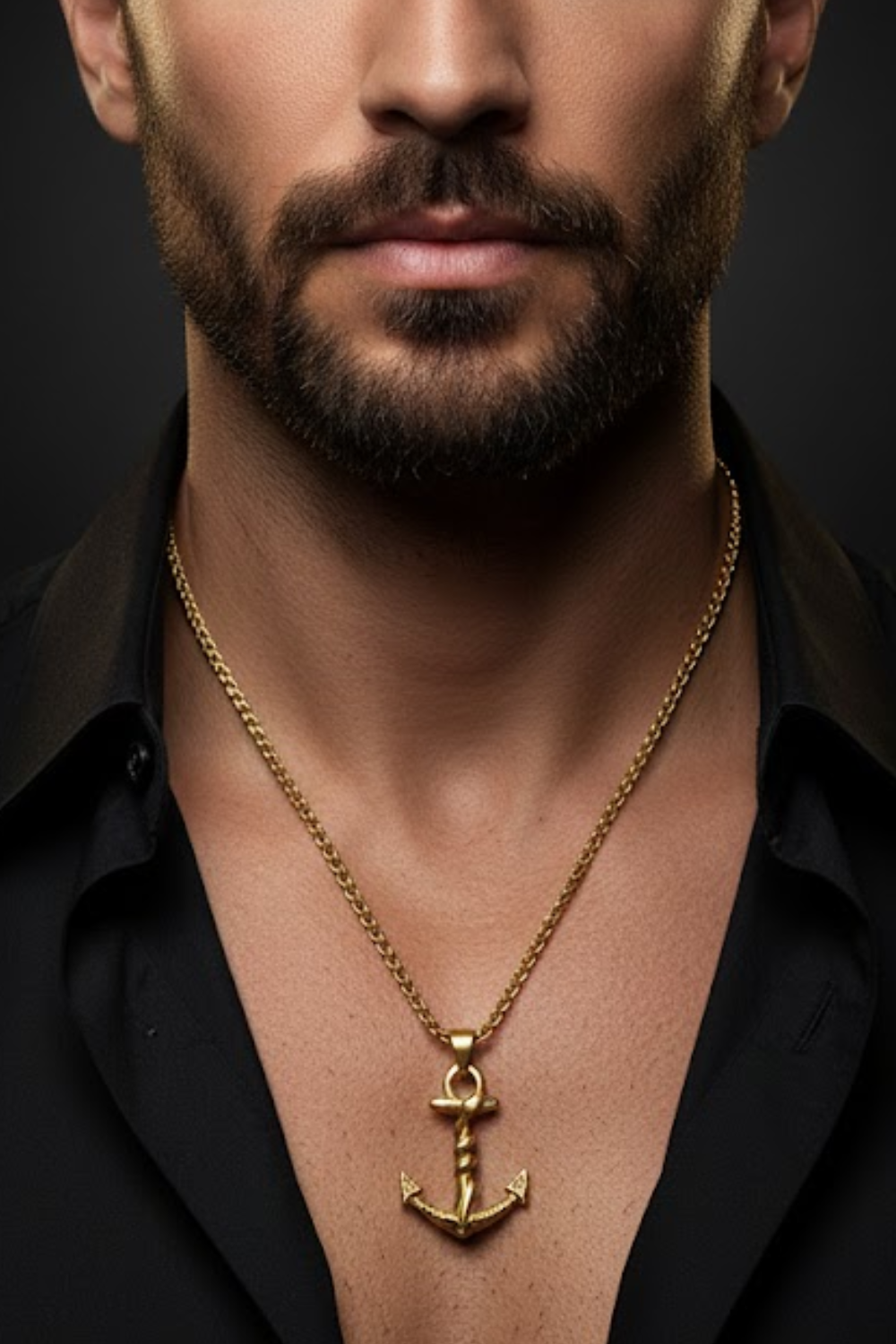 A close-up of a man's neck and chest area, with a gold-colored necklace featuring an anchor pendant.