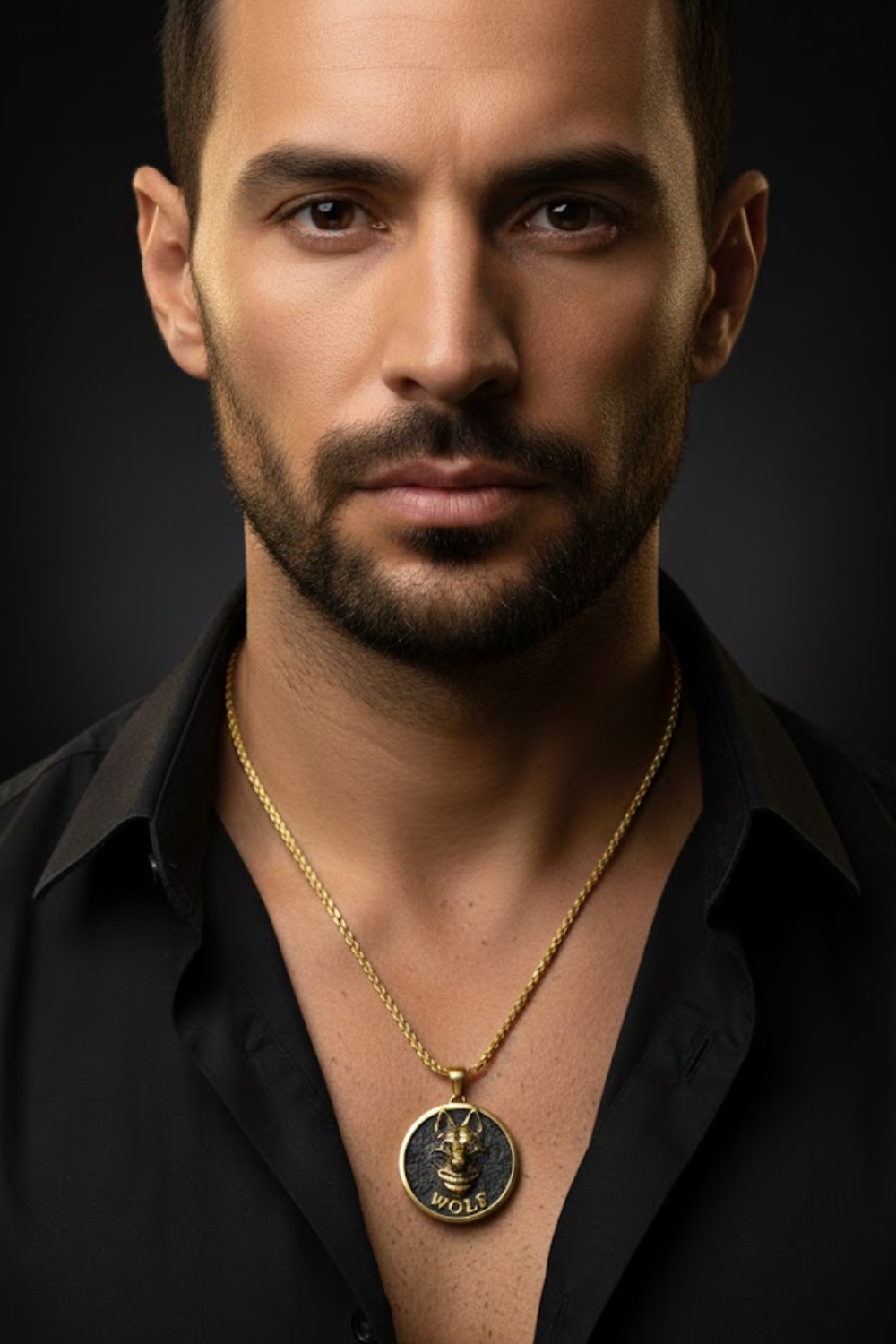 A man with a beard wearing a black shirt and a gold necklace with a pendant.