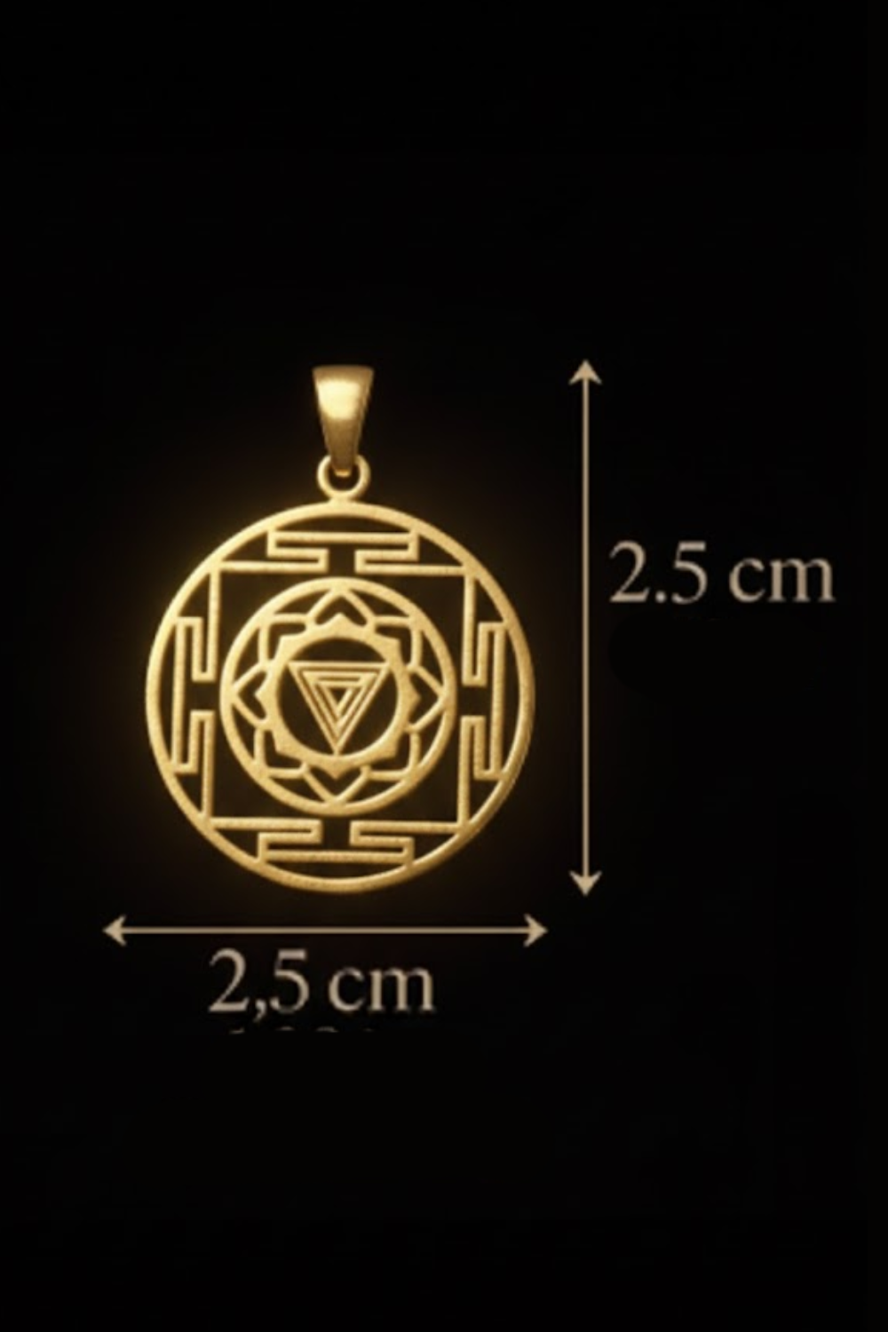 A gold-colored pendant with a geometric design, possibly a symbol or emblem, is shown against a black background.