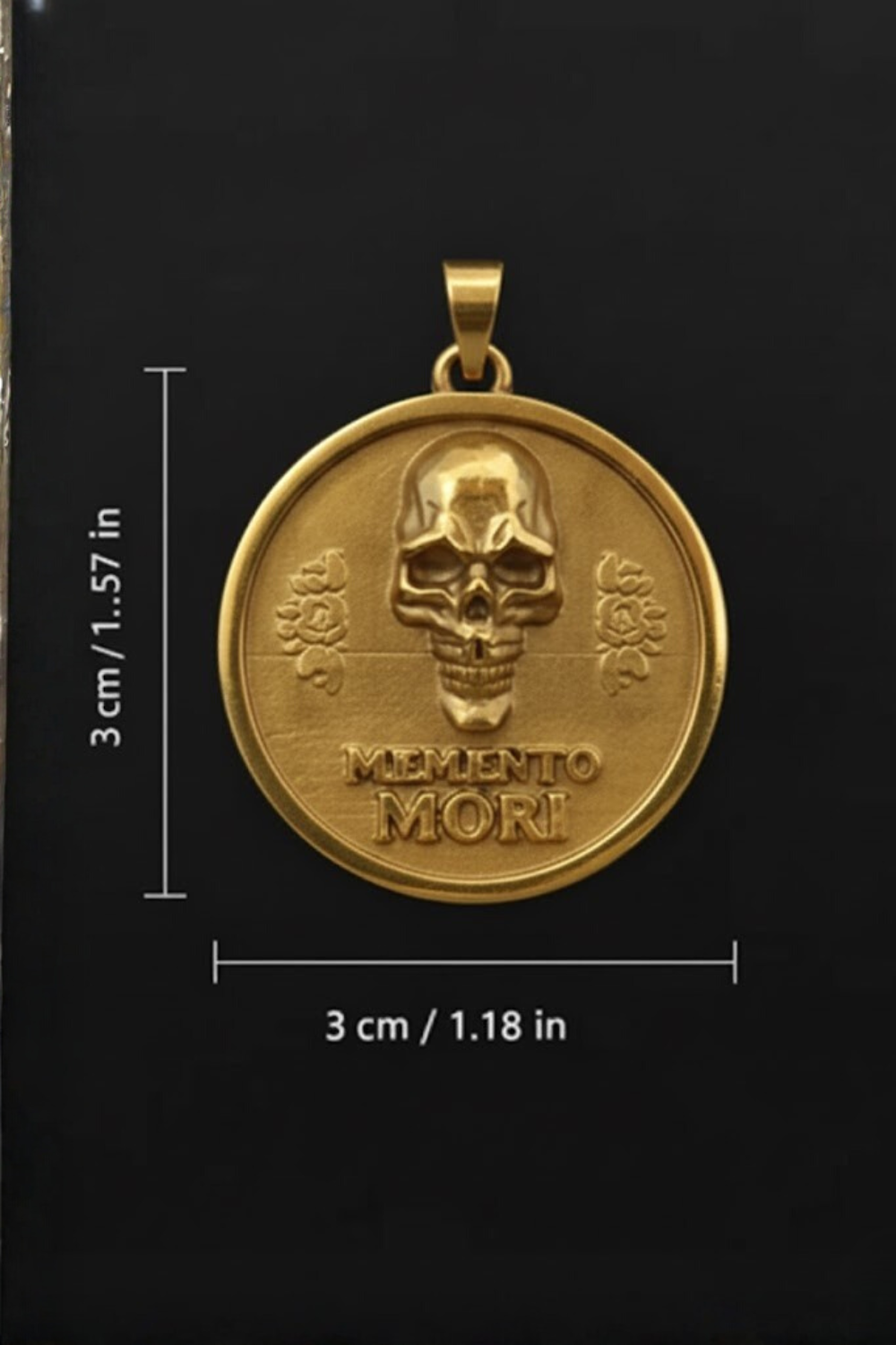 a gold-colored pendant with a skull design, and the text "Memento mori" is visible. The pendant is described as being 3 cm (1.18 in) in diameter.