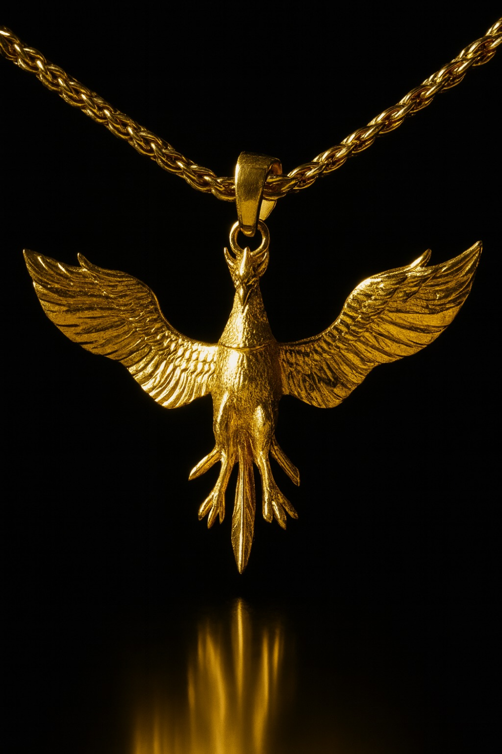 A golden pendant in the shape of a bird, with wings spread wide, is suspended from a chain against a black background.