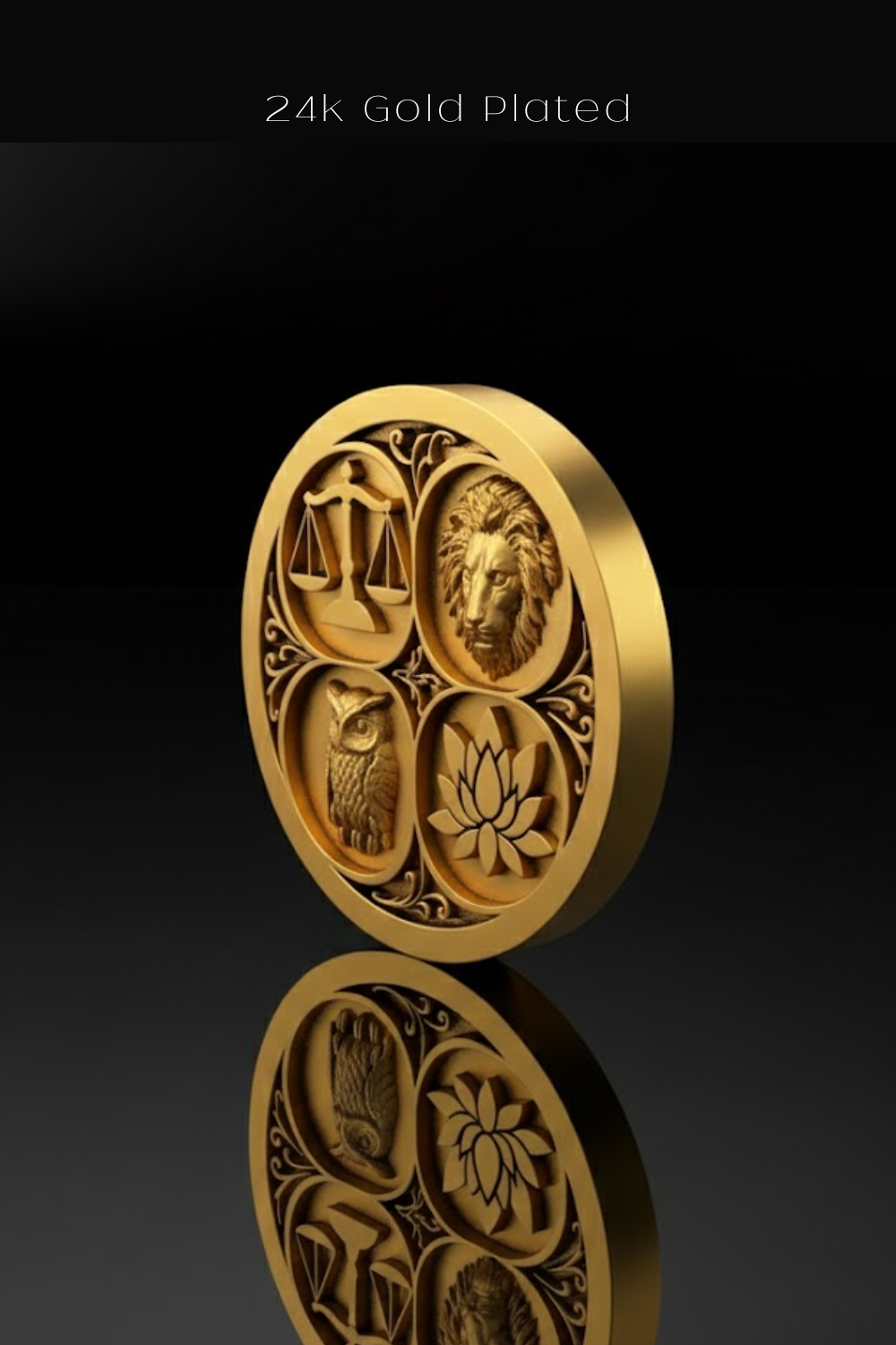 A gold-plated coin with four distinct symbols, including a lion, an owl, a lotus flower, and a scale, all intricately carved and set against a black background.