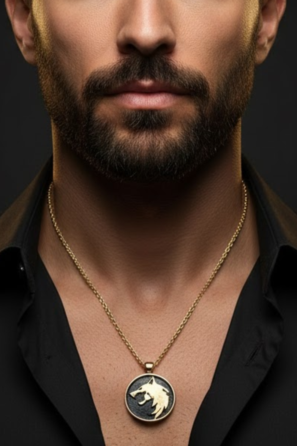 A close-up of a man's neck and chest area, with a gold necklace featuring a pendant with a wolf or wolf-like design.