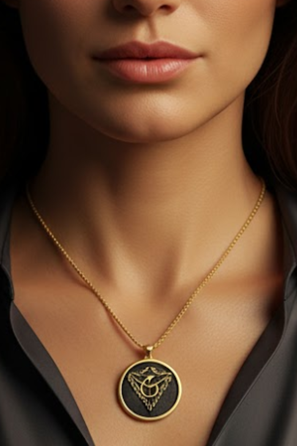A close-up of a woman's neck and chest area, with a gold necklace and a circular pendant featuring an ornate design.