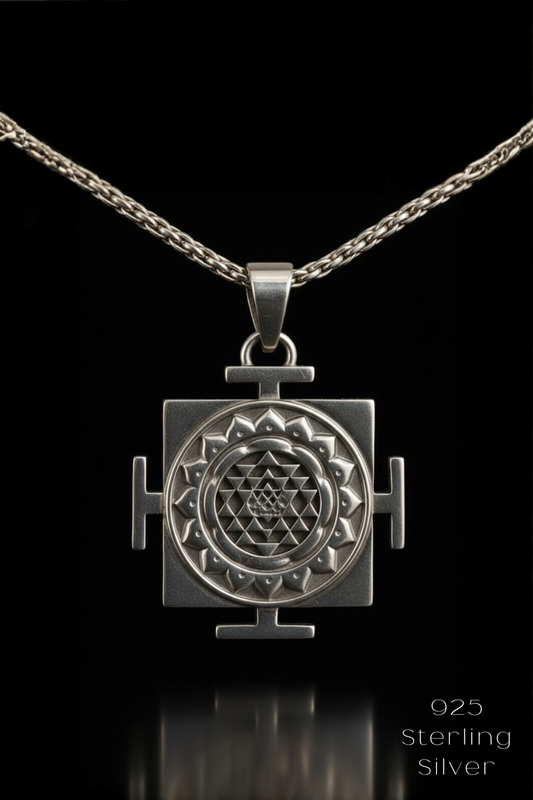 A silver pendant with a geometric design, suspended from a chain against a black background.