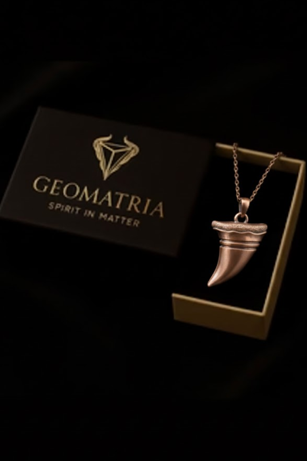 A pendant necklace with a geometric pendant is displayed in a black box with the text "Geomatria" and "SPIRIT IN MATTERS" printed on it.