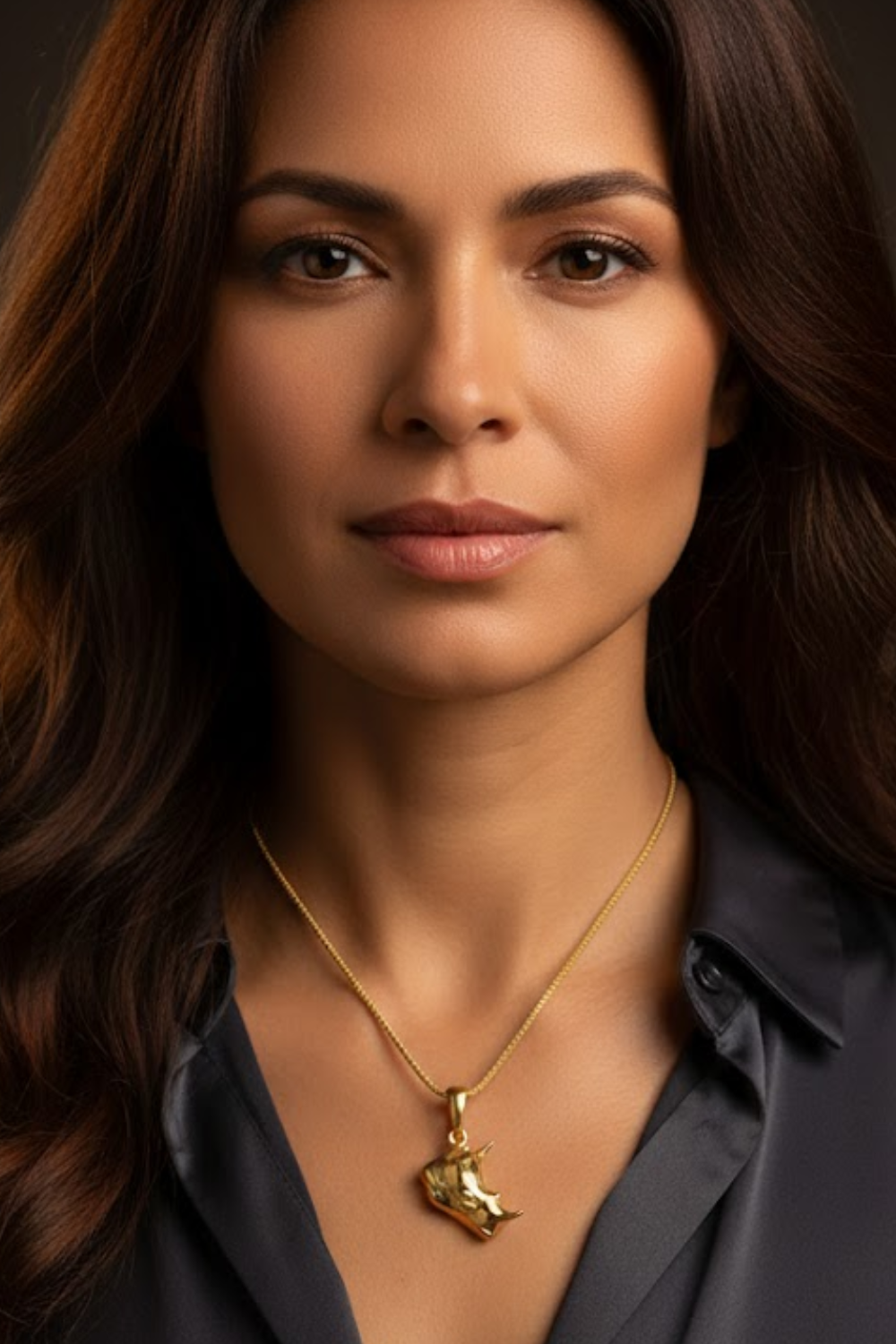 A close-up portrait of a woman with long brown hair, wearing a necklace with a pendant. She is looking directly at the camera with a serious expression.