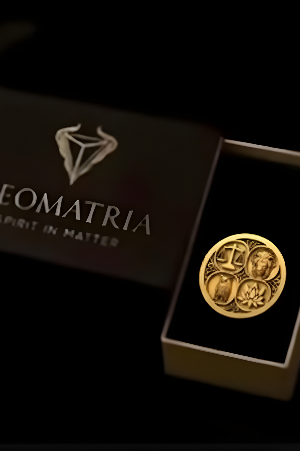 a golden emblem with a shield and a lion, placed inside a black box with a gold-colored lid.