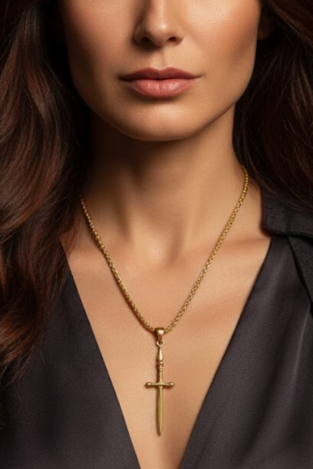 A close-up of a woman's neck and chest area, with a gold-colored pendant necklace featuring a sword pendant.