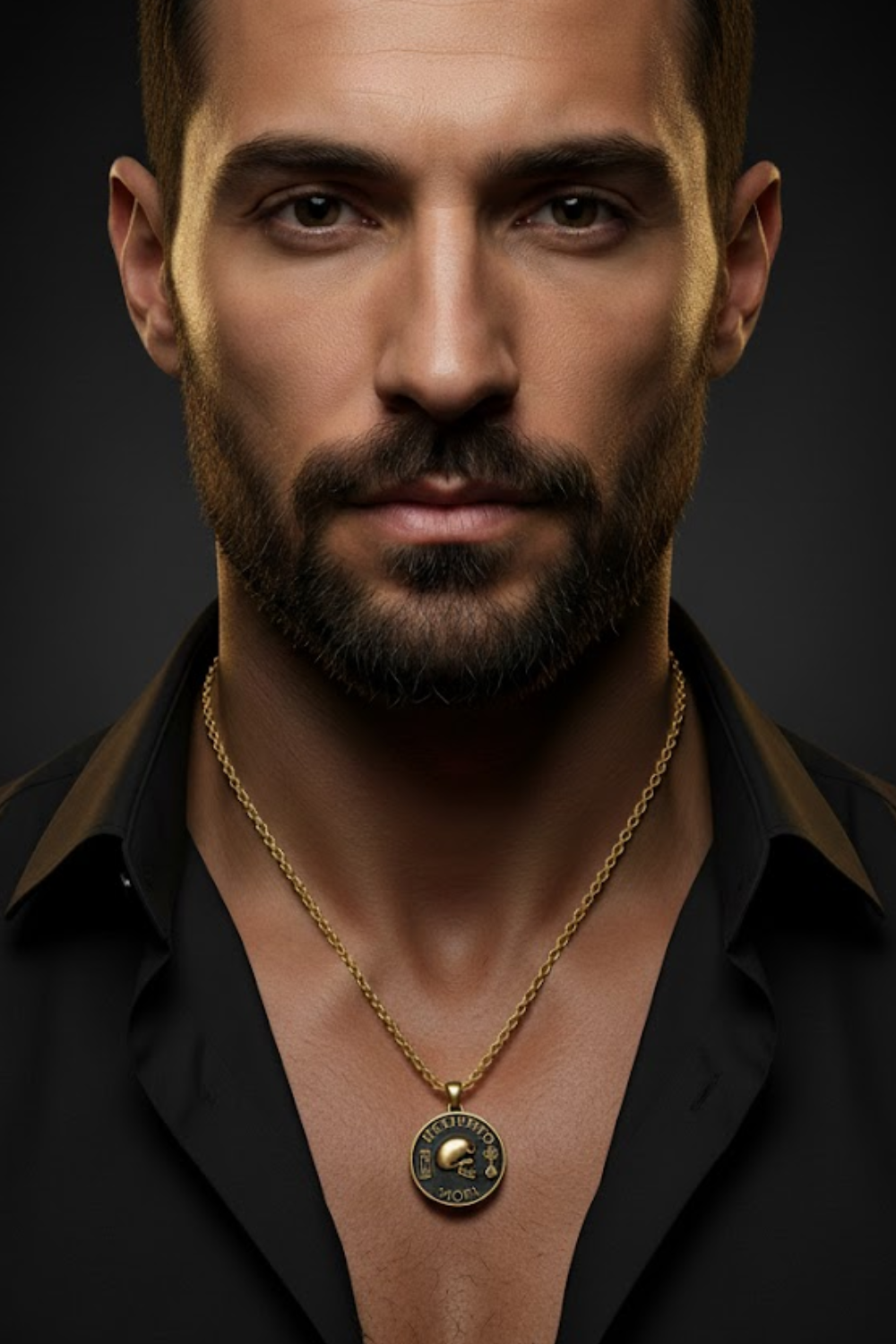 A close-up portrait of a man with a beard wearing a black shirt and a gold necklace with a pendant.