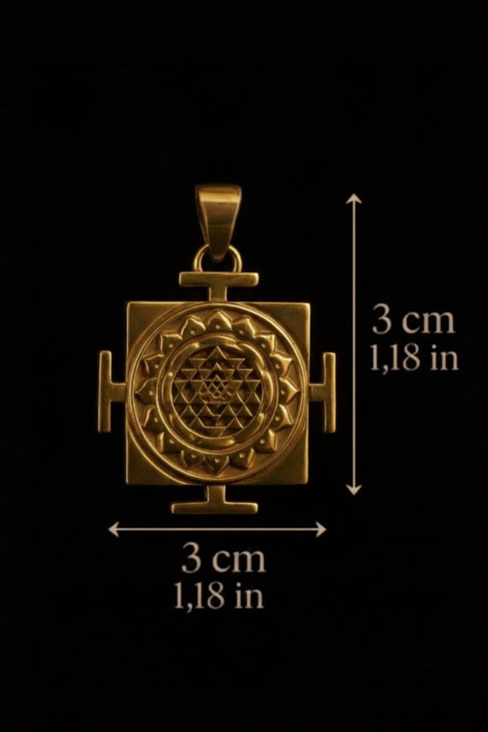 A gold-colored pendant with a geometric design, possibly a symbol or medallion, against a black background.