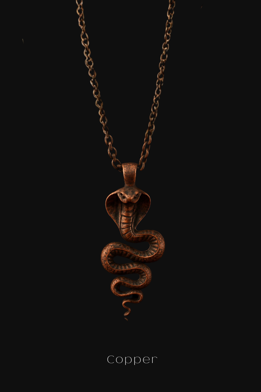 A copper-colored pendant necklace with a snake design is shown against a black background.