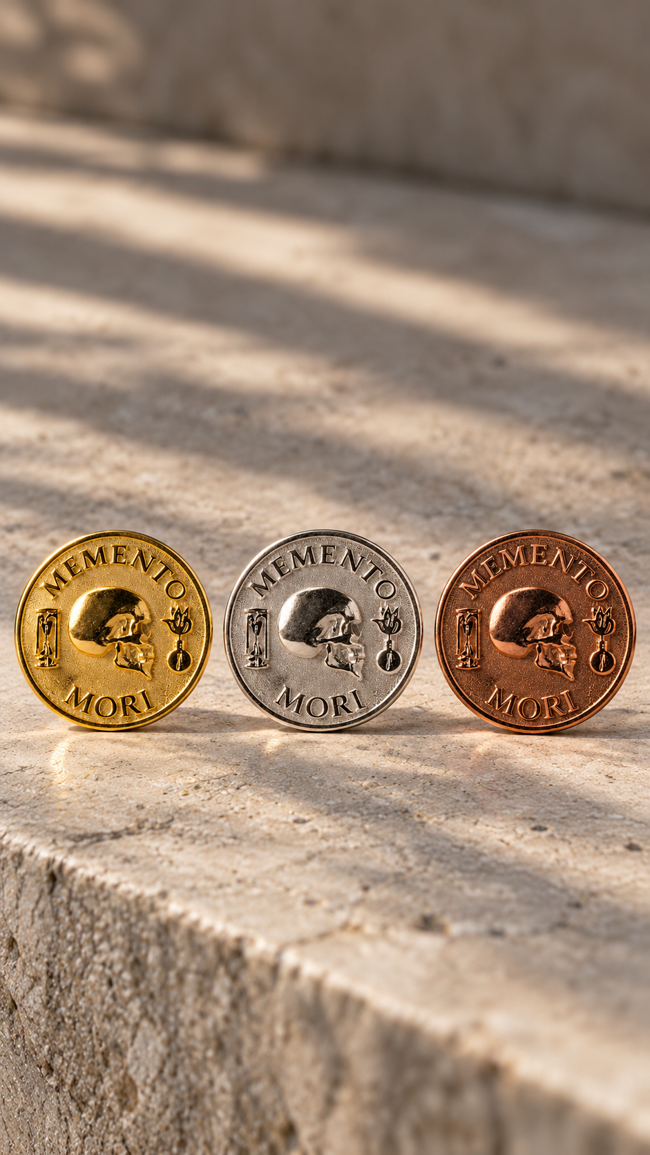 Moneda Memento Mori | Símbolo de mortalidad, sabiduría y presencia | Hecho a mano en plata de ley 925, chapado en oro de 24 quilates, bronce, cobre