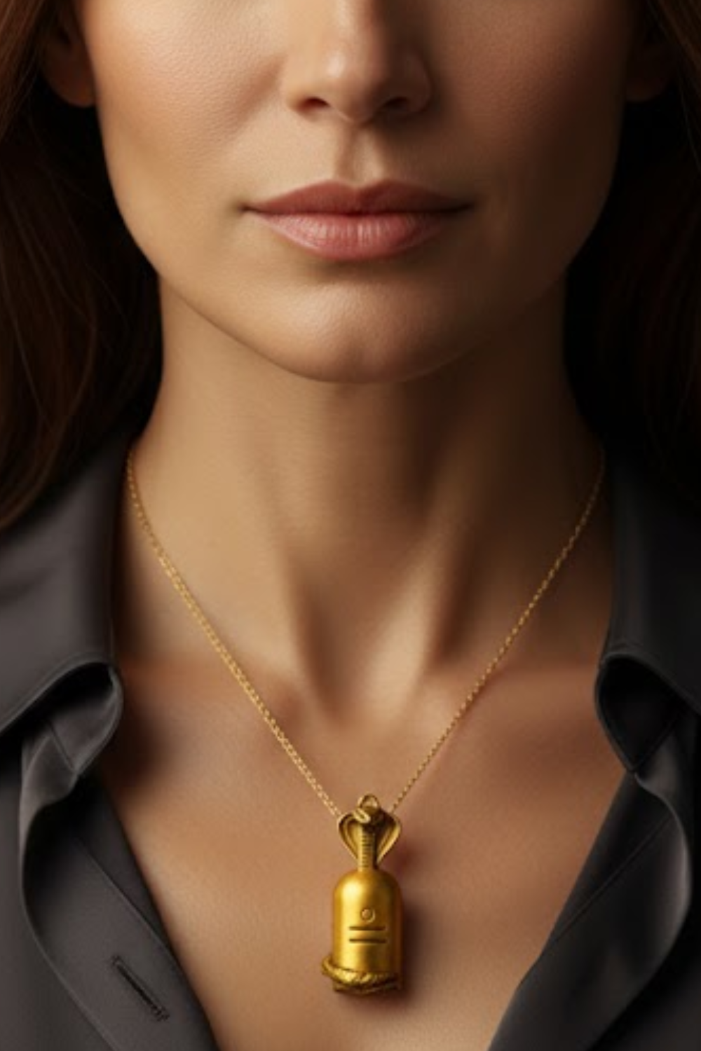A close-up of a woman's neck and chest area, with a gold necklace featuring a pendant hanging from her neck.