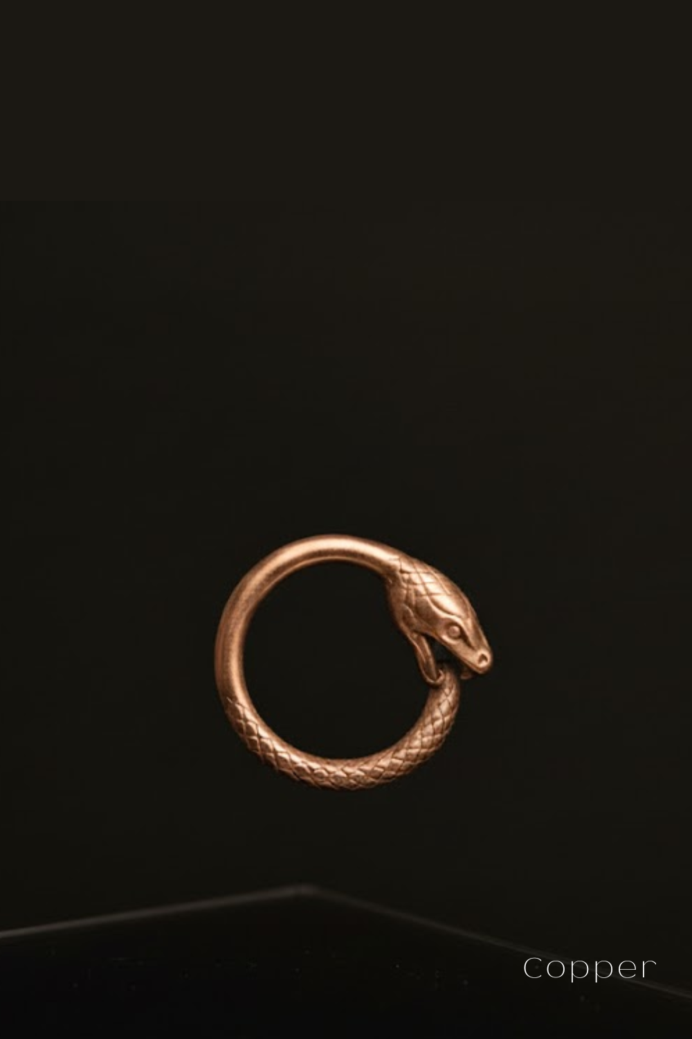 A copper-colored snake-shaped ring is displayed against a black background.