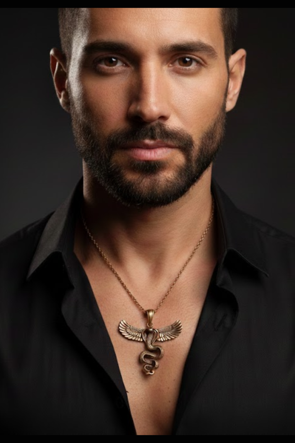 A man with a beard wearing a black shirt and a gold necklace with a pendant.