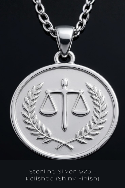 A silver pendant necklace with a round medallion featuring a scale of justice symbol and laurel leaves.