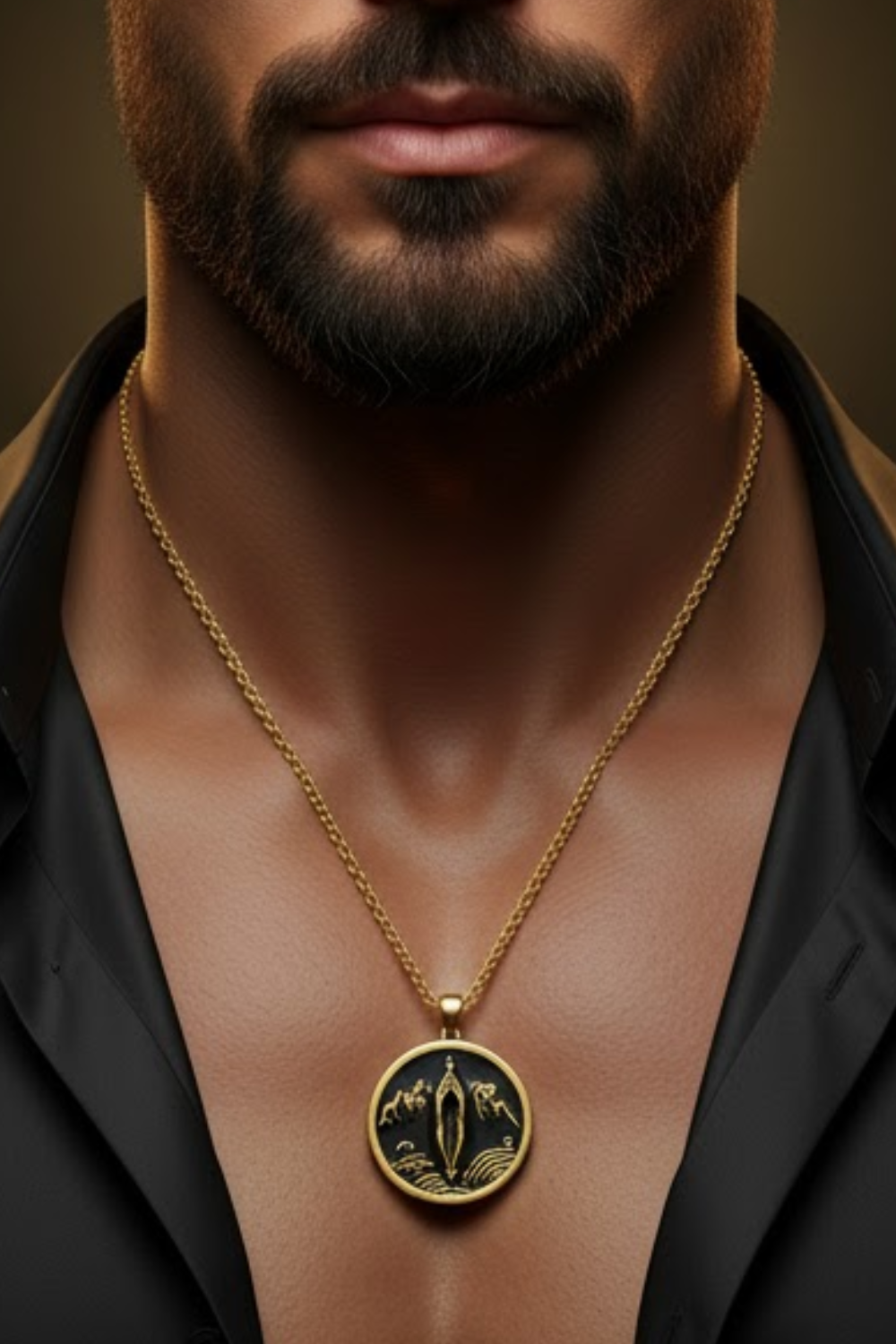 A close-up of a man's neck and chest area, with a gold-colored necklace featuring a pendant.