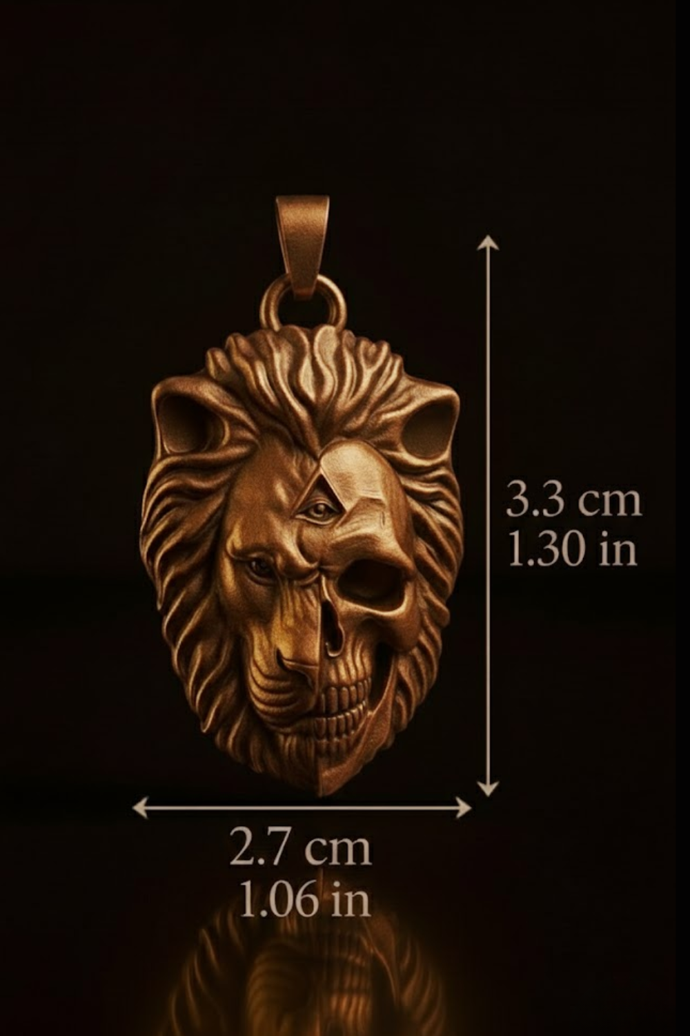 a pendant in the shape of a lion's head with a skull on one side, and it is approximately 2.7 cm in size.
