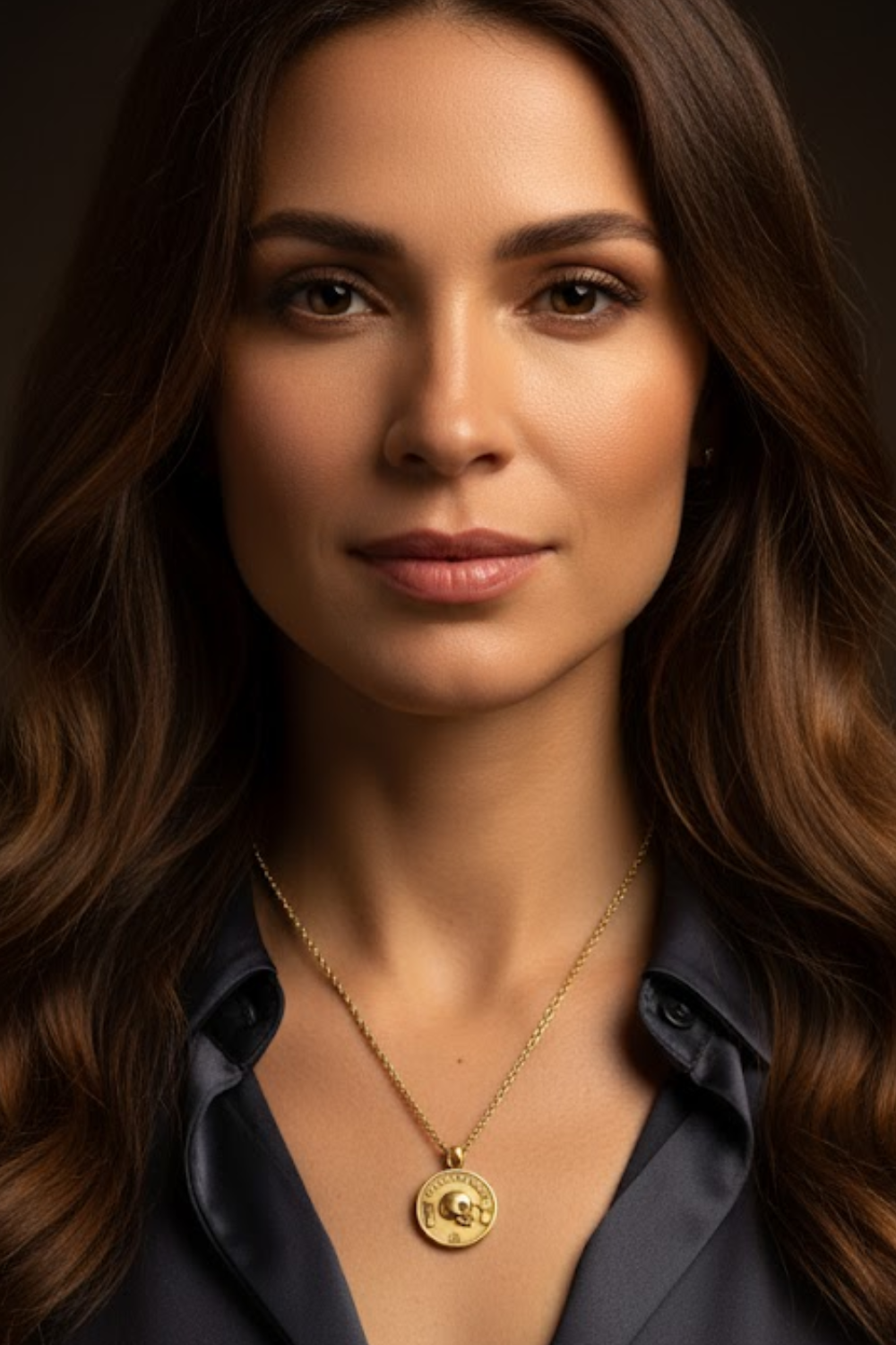 A close-up portrait of a woman with long, wavy brown hair wearing a necklace and a dark-colored blouse.