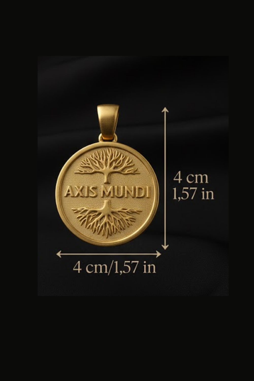 A gold-colored pendant with the text "AXIS MUNDI" engraved on it, along with a tree design. The pendant is described as being 4 cm (1.57 in) in diameter.