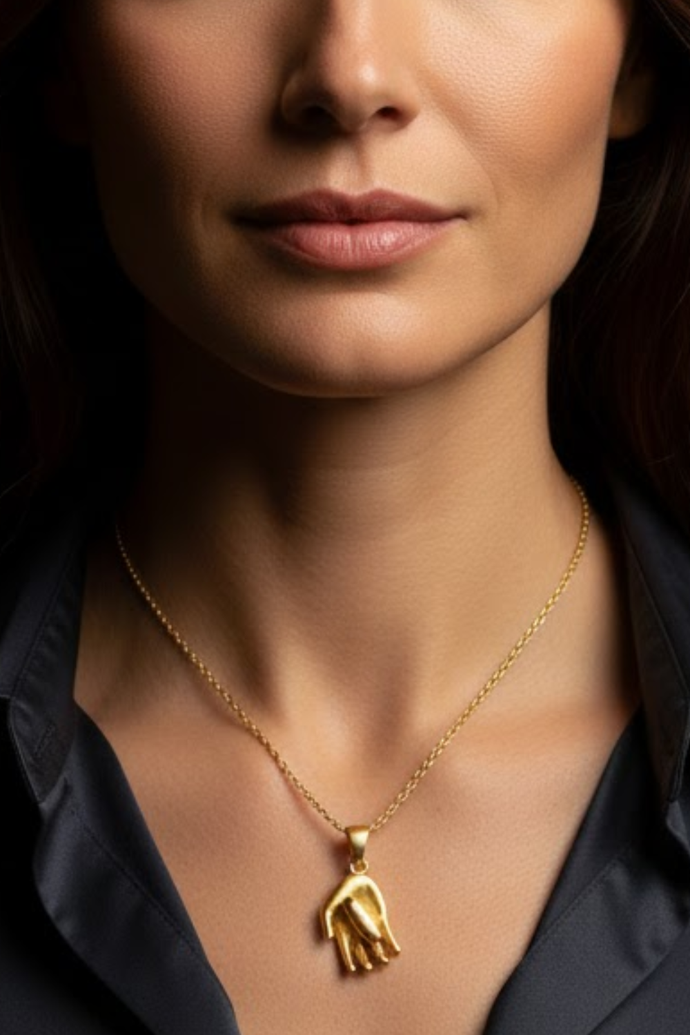 A close-up of a woman's neck and chest area, with a gold-colored pendant necklace visible.