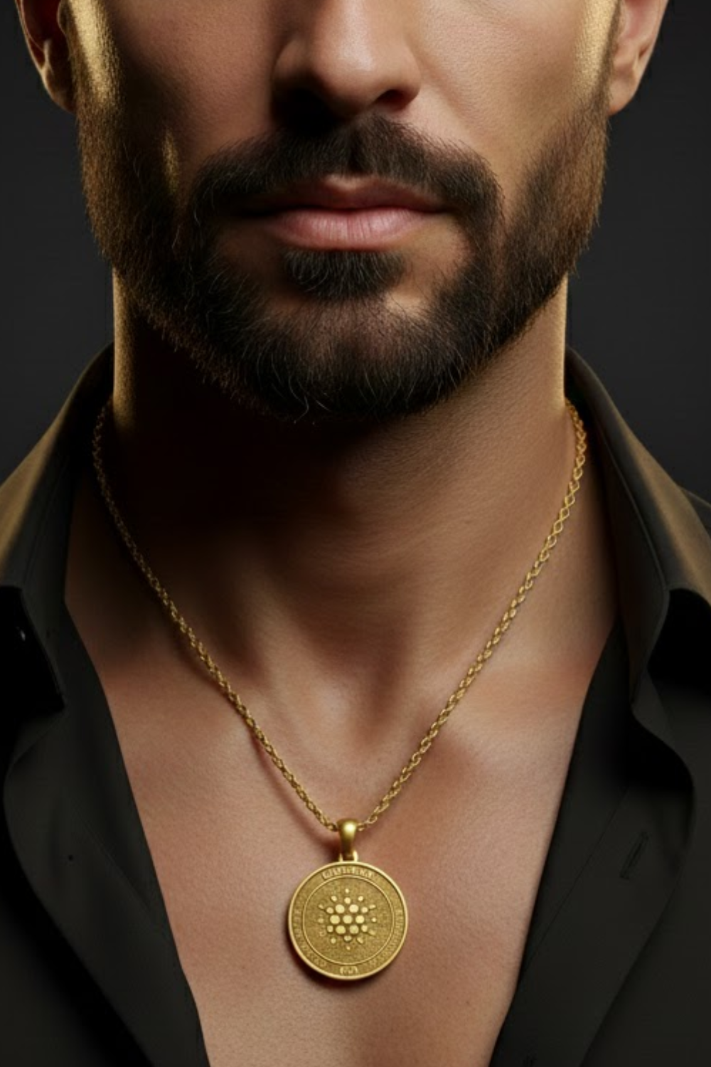 A close-up of a man's neck and chest area, with a gold necklace featuring a pendant prominently displayed.
