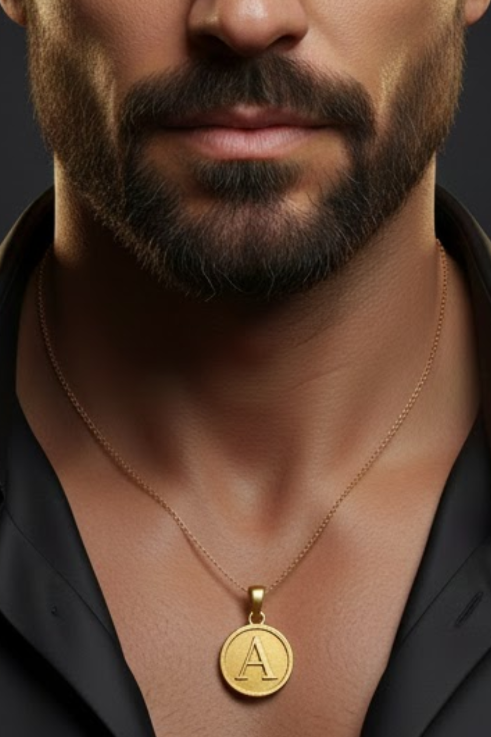 A close-up of a man's neck and chest area, with a gold-colored pendant featuring the letter "A" hanging from a chain.