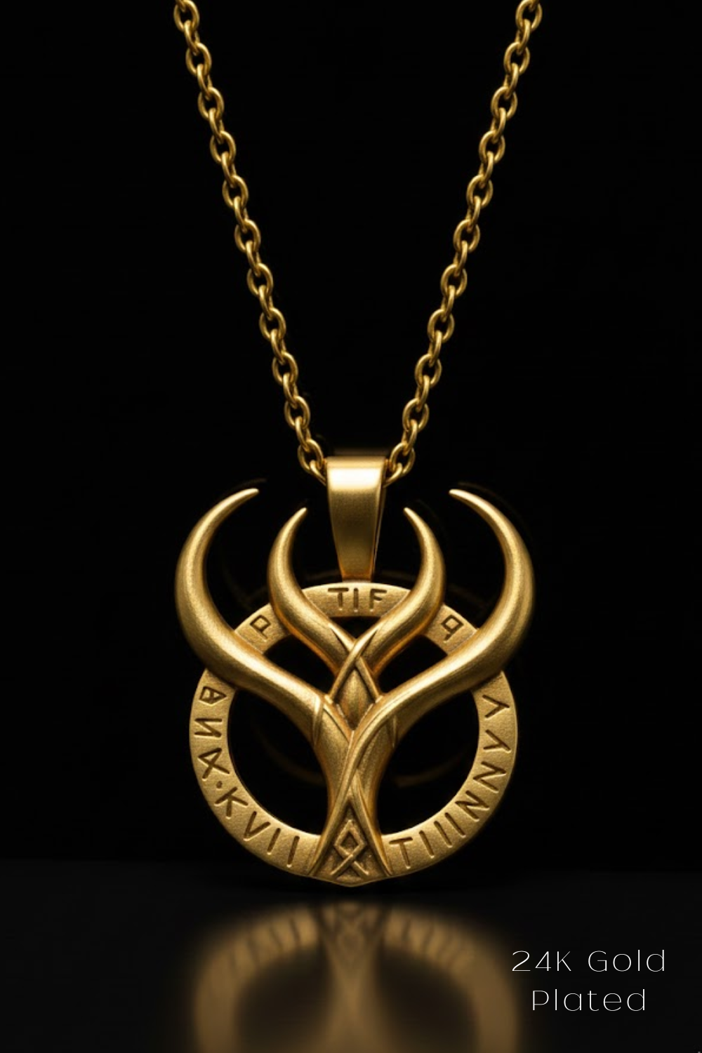 A gold-colored pendant necklace with a circular design featuring a crescent moon and a symbol, possibly a symbol associated with the "Tide of Fates" or a similar concept.