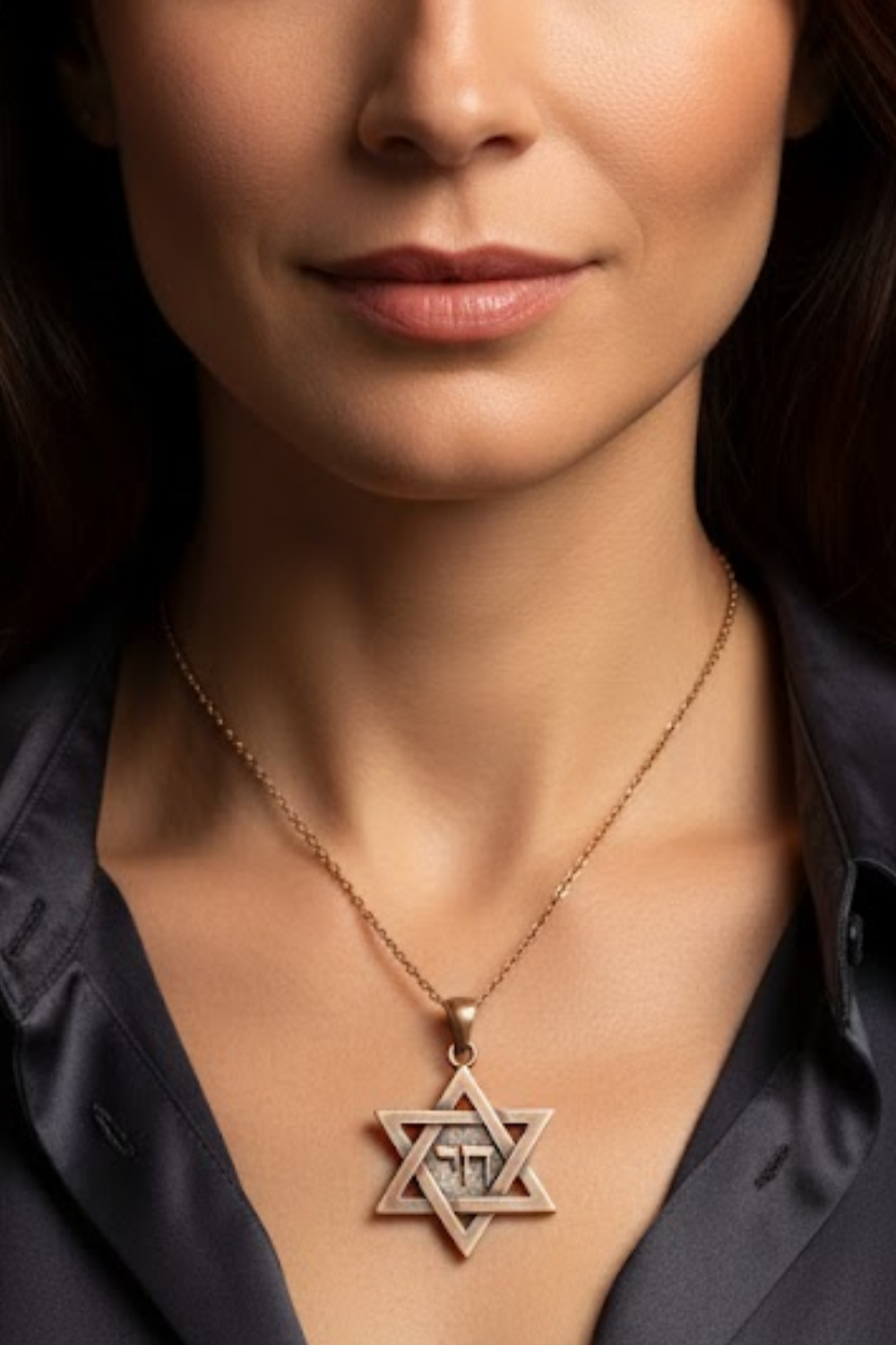 A close-up of a woman's neck and chest area, with a gold-colored necklace featuring a Star of David pendant.