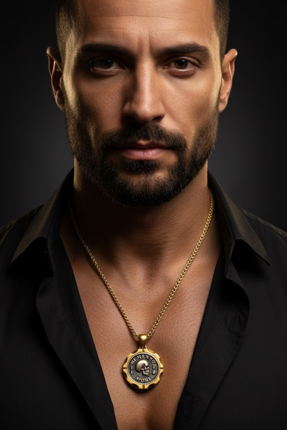 A man with a beard wearing a black shirt and a gold necklace with a pendant.