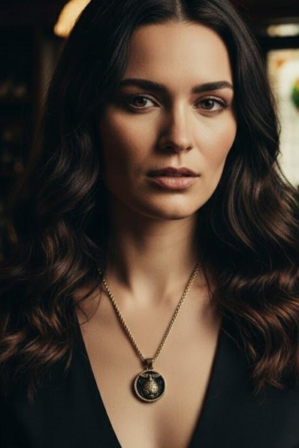 A woman with long, dark hair wearing a black top and a gold necklace with a pendant.