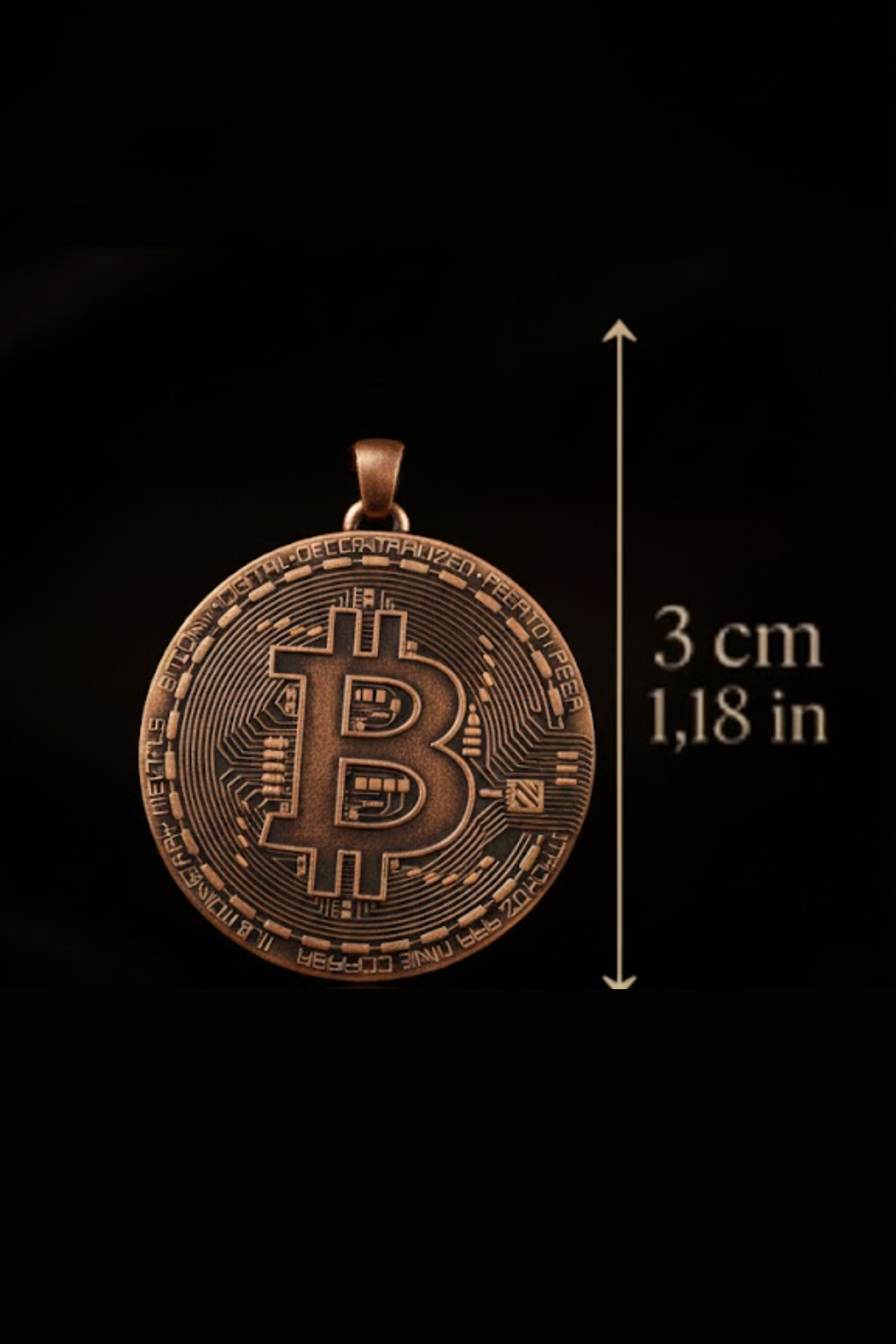 a large, detailed, and intricate bronze-colored Bitcoin coin.