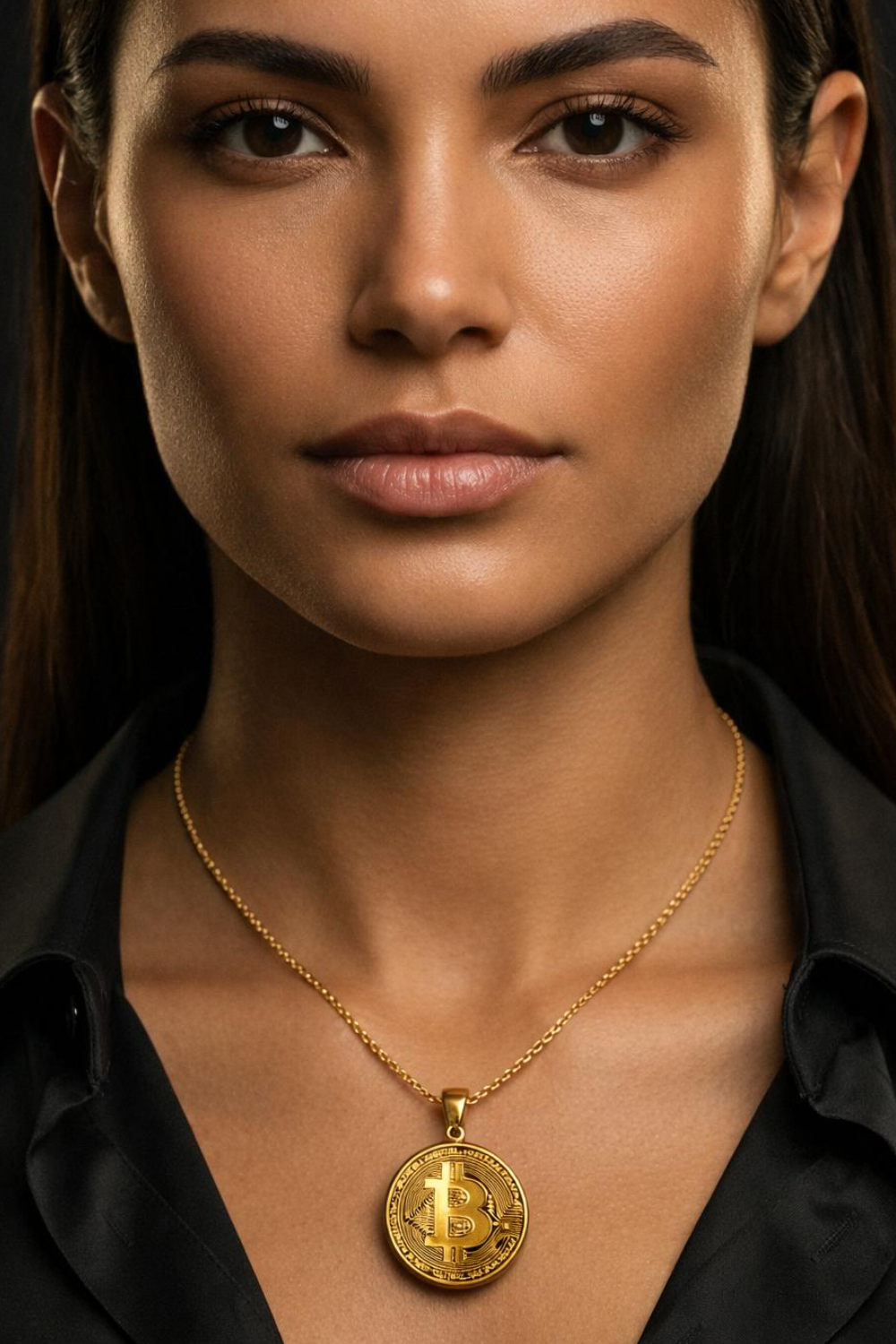A close-up portrait of a woman wearing a gold necklace with a large coin pendant.