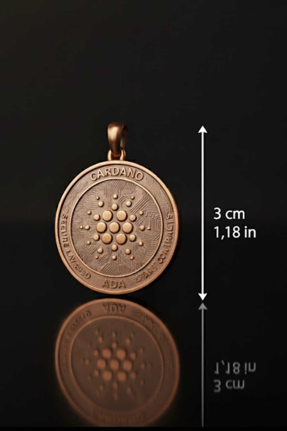 a large, round, metallic pendant with the word "GARDANO" inscribed on it, along with a detailed design of dots. The pendant is placed on a reflective surface, and the image is described in terms of its size and dimensions, with the text "3 cm 1,18 in" indicating its length and width.