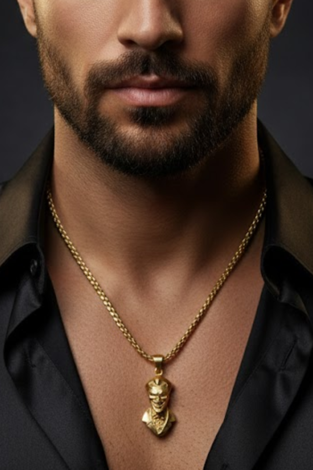 A close-up of a man's neck and chest area, with a gold-colored pendant necklace visible.