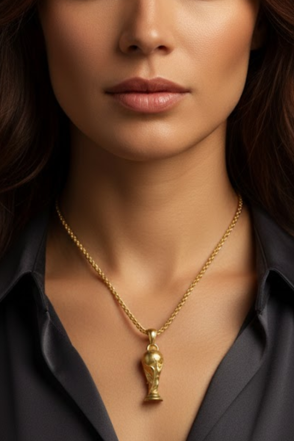 A close-up of a woman's neck and chest area, with a gold necklace featuring a pendant hanging from her neck.