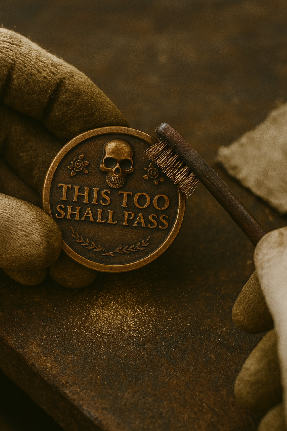 A close-up image of a person's hand holding a round metal object with a skull and the text "This Too Shall Pass" on it, with a toothbrush being used to brush the object.