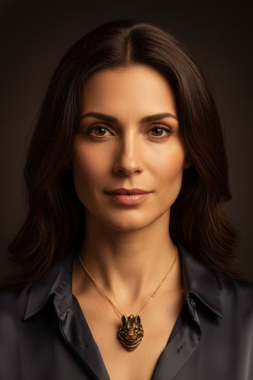 A portrait of a woman with long brown hair wearing a necklace with a pendant.
