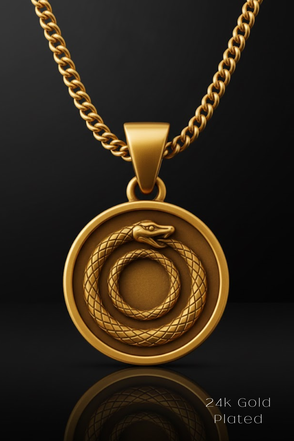 A gold-colored pendant necklace with a circular medallion featuring a snake design.