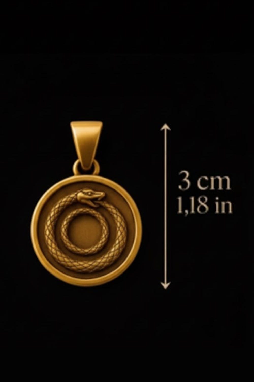 a gold pendant with a snake design, and it is approximately 3 centimeters in diameter.